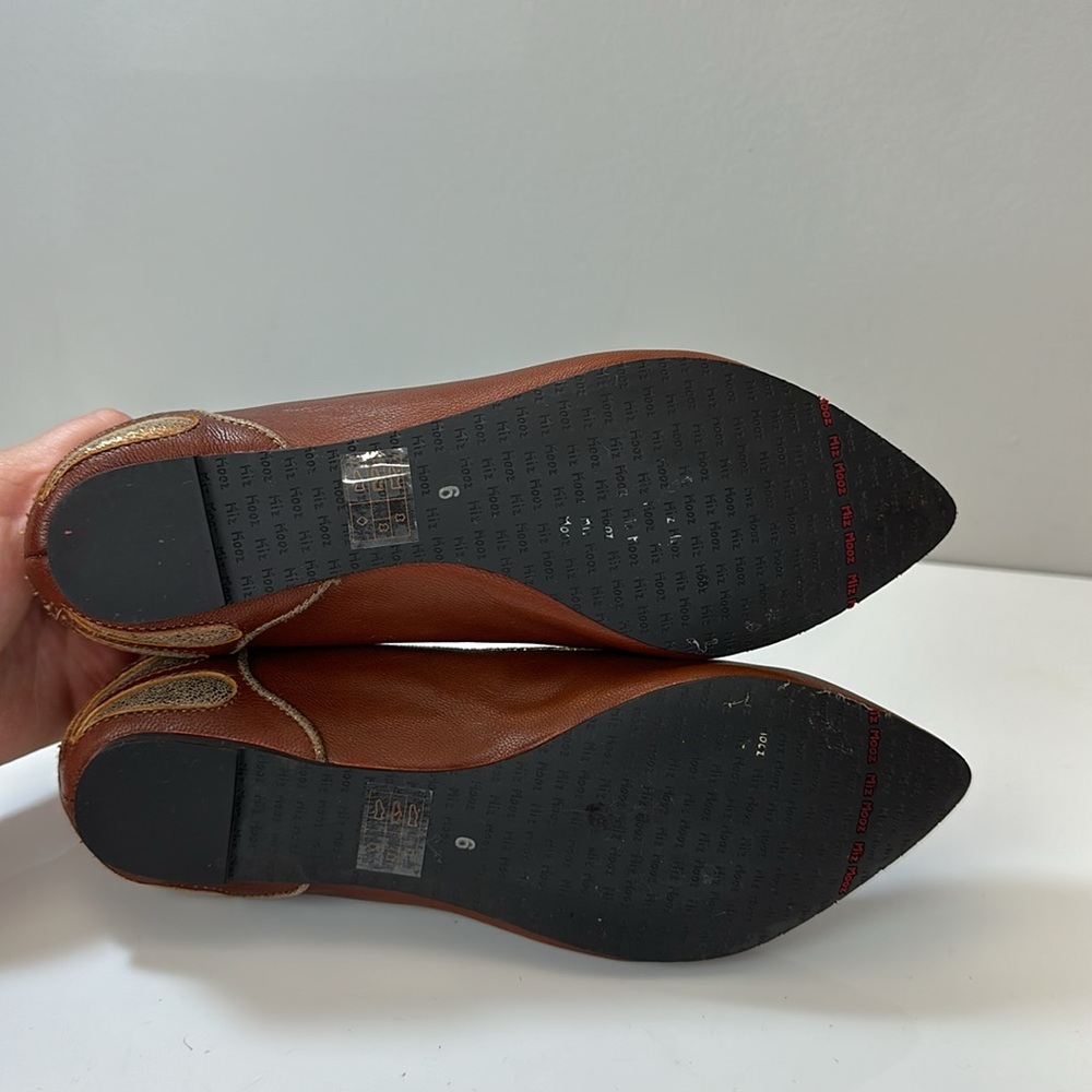 Miz Mooz Chestnut Leather Pointed-Toe Flats with Gold Heel Detail - Picture 9 of 16